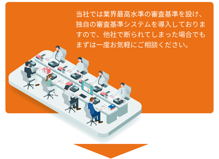 当社では業界最高水準の審査基準を設け、独自の審査基準システムを導入しておりますので、他社で断られてしまった場合でもまずは一度お気軽にご相談ください。